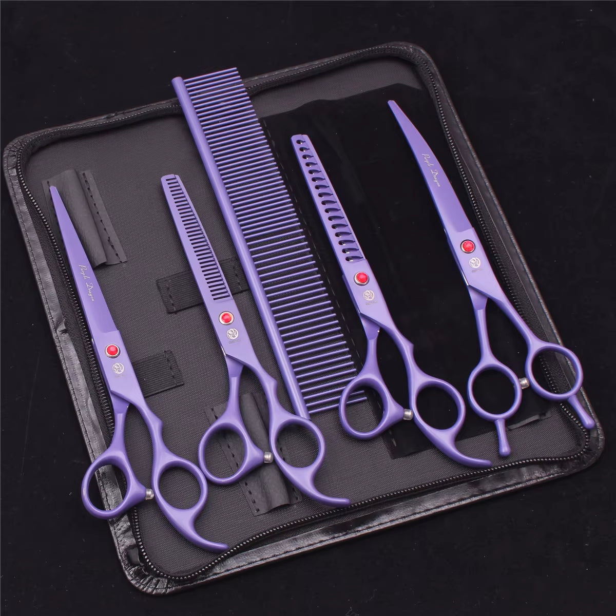 7'' Purple Dragon Pet Grooming Scissors Dog Cat Fish Bone Thinning Hairdressing Shears Curved Cutting Hemostatic Forceps Z3102