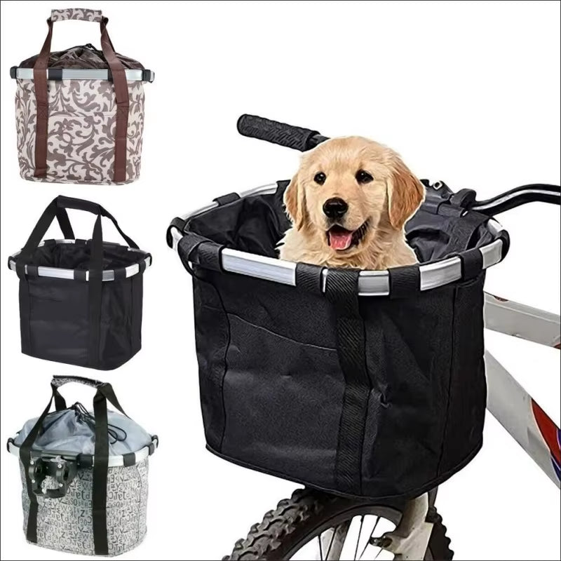 Bicycle Front Basket Bike Small Pet Dog Carry Pouch 2In1 Detachable MTB Cycling Handlebar Tube Hanging Fold Baggage Bag 5KG Load