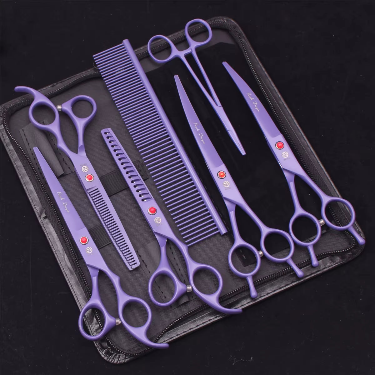 7'' Purple Dragon Pet Grooming Scissors Dog Cat Fish Bone Thinning Hairdressing Shears Curved Cutting Hemostatic Forceps Z3102