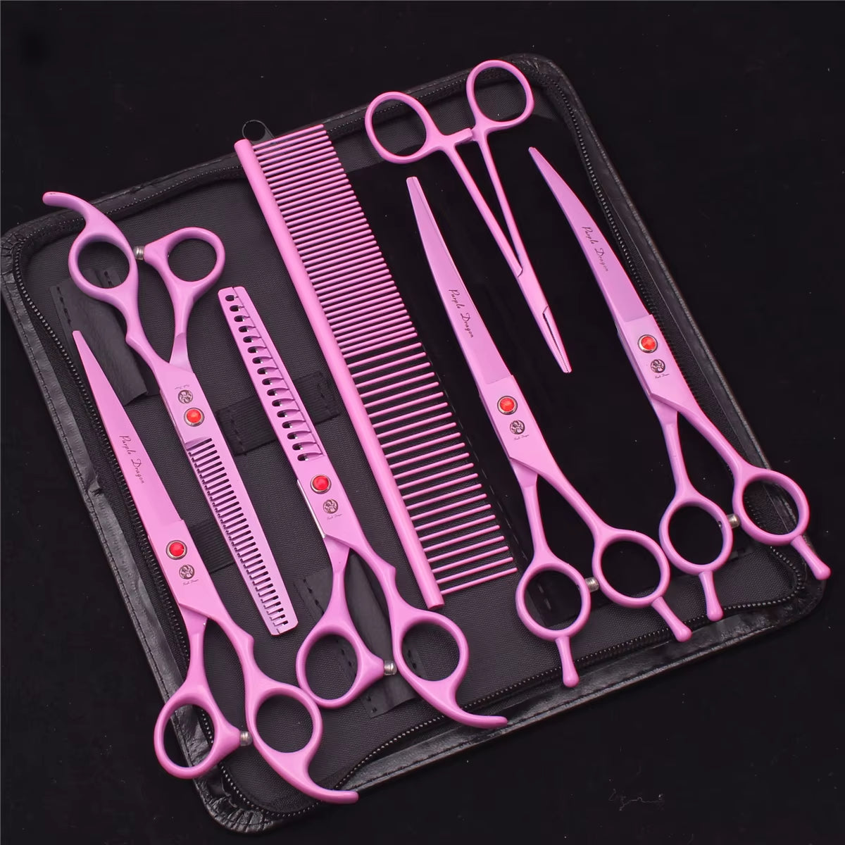 7'' Purple Dragon Pet Grooming Scissors Dog Cat Fish Bone Thinning Hairdressing Shears Curved Cutting Hemostatic Forceps Z3102