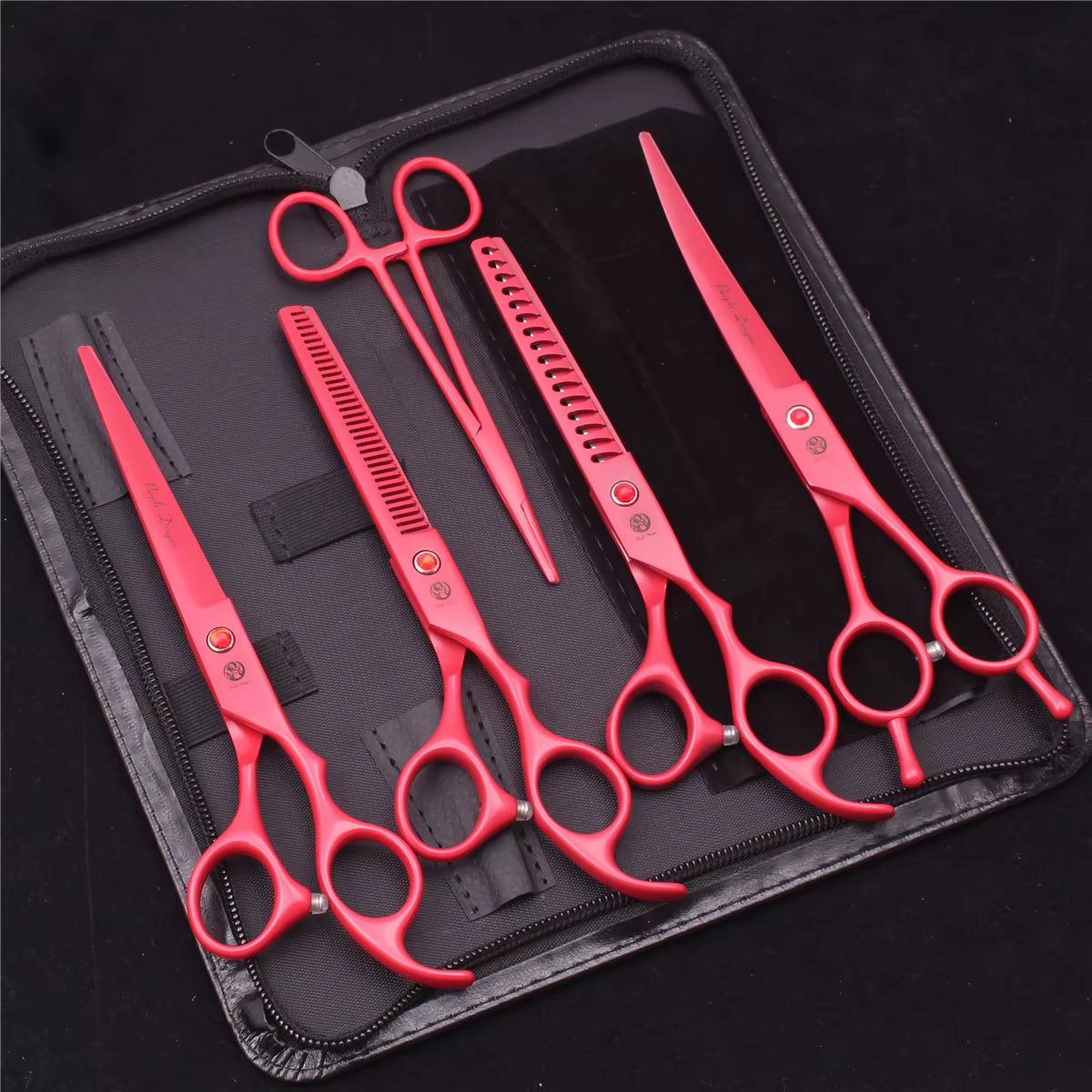 7'' Purple Dragon Pet Grooming Scissors Dog Cat Fish Bone Thinning Hairdressing Shears Curved Cutting Hemostatic Forceps Z3102